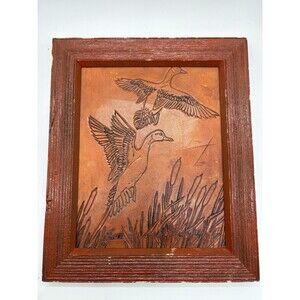 Vintage Framed Leather Art Duck Mallard Hand Tooled Tinted on Leather